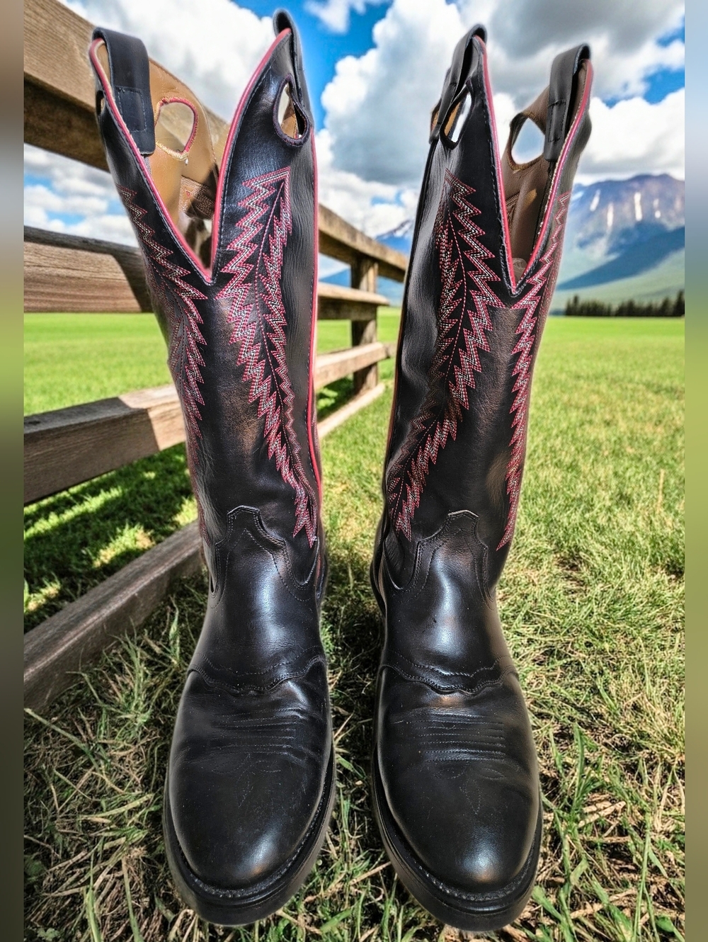 Texas Black Leather Western Work Boots, YOil Resist Soles, Red Accent Stitching